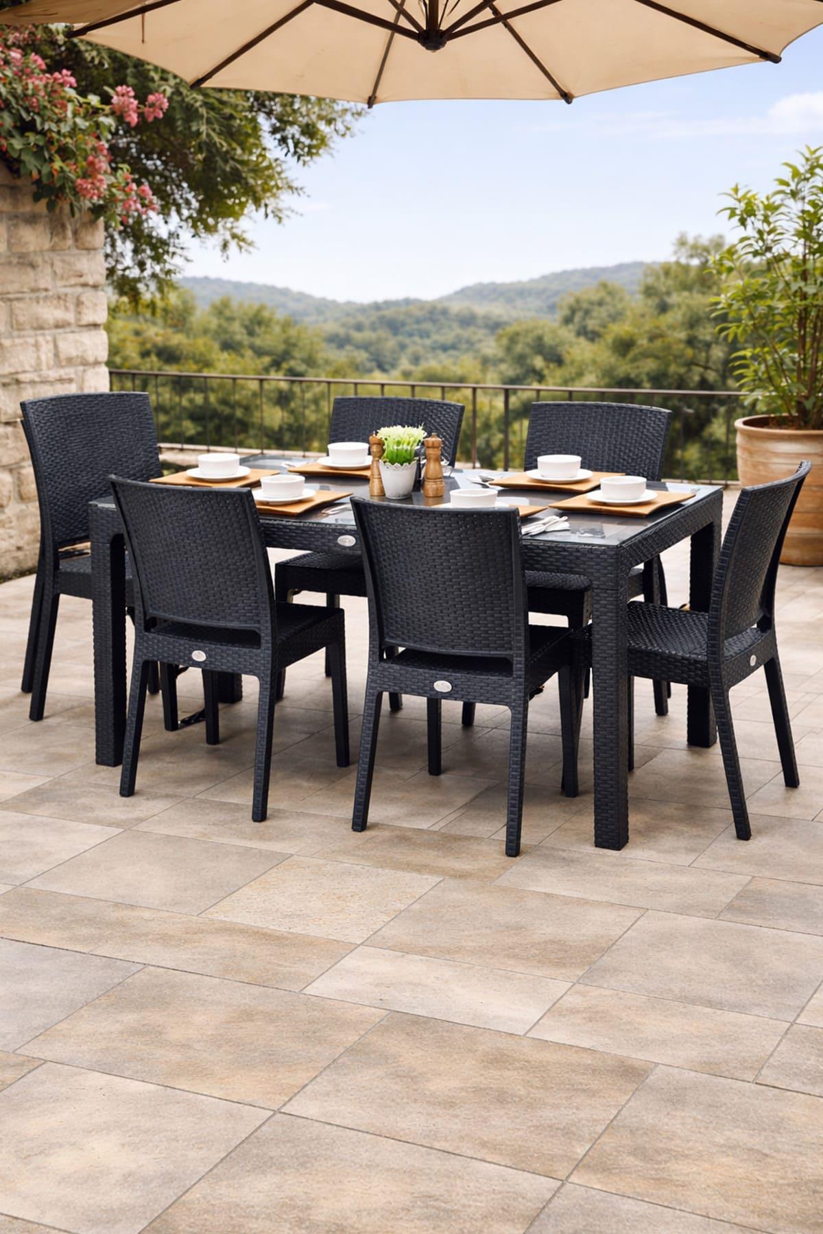 Novussi Rattan Camlı 90x150 Masa + 6 Adet Nice Sandalye