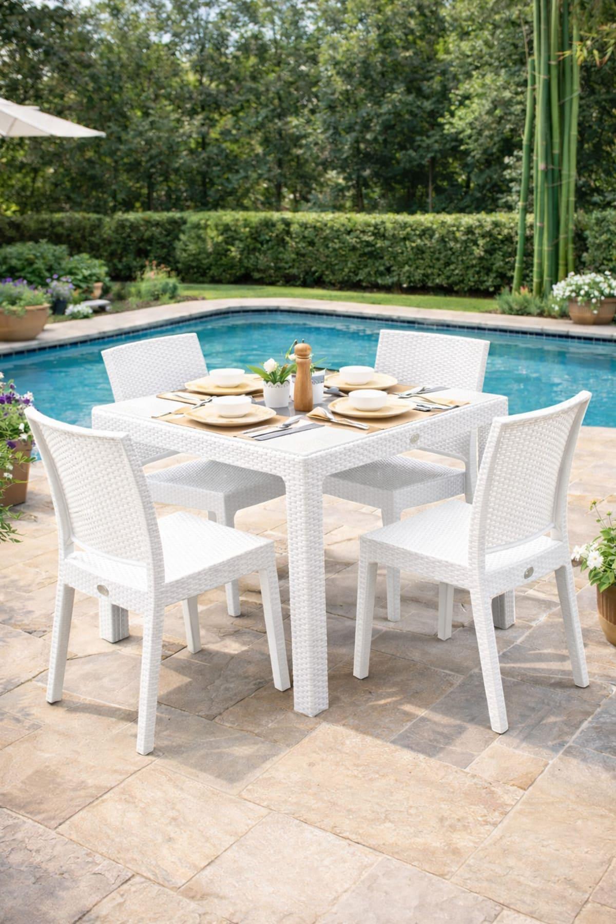 Novussi Rattan Camlı Kare Masa + 4 Adet Nice Sandalye