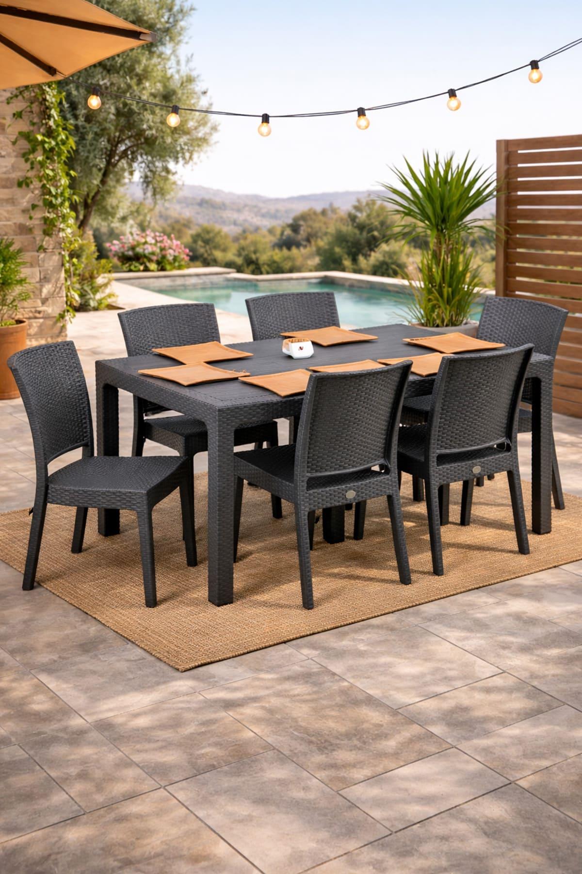Novussi Rattan Camsız 90x150 Masa + 6 Adet Nice Sandalye