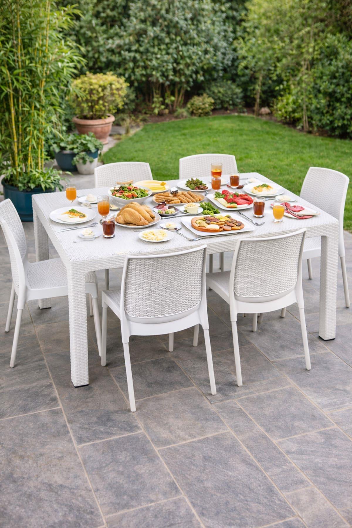 Novussi Rattan Camsız 90x150 Masa + 6 Adet Sunny Sandalye