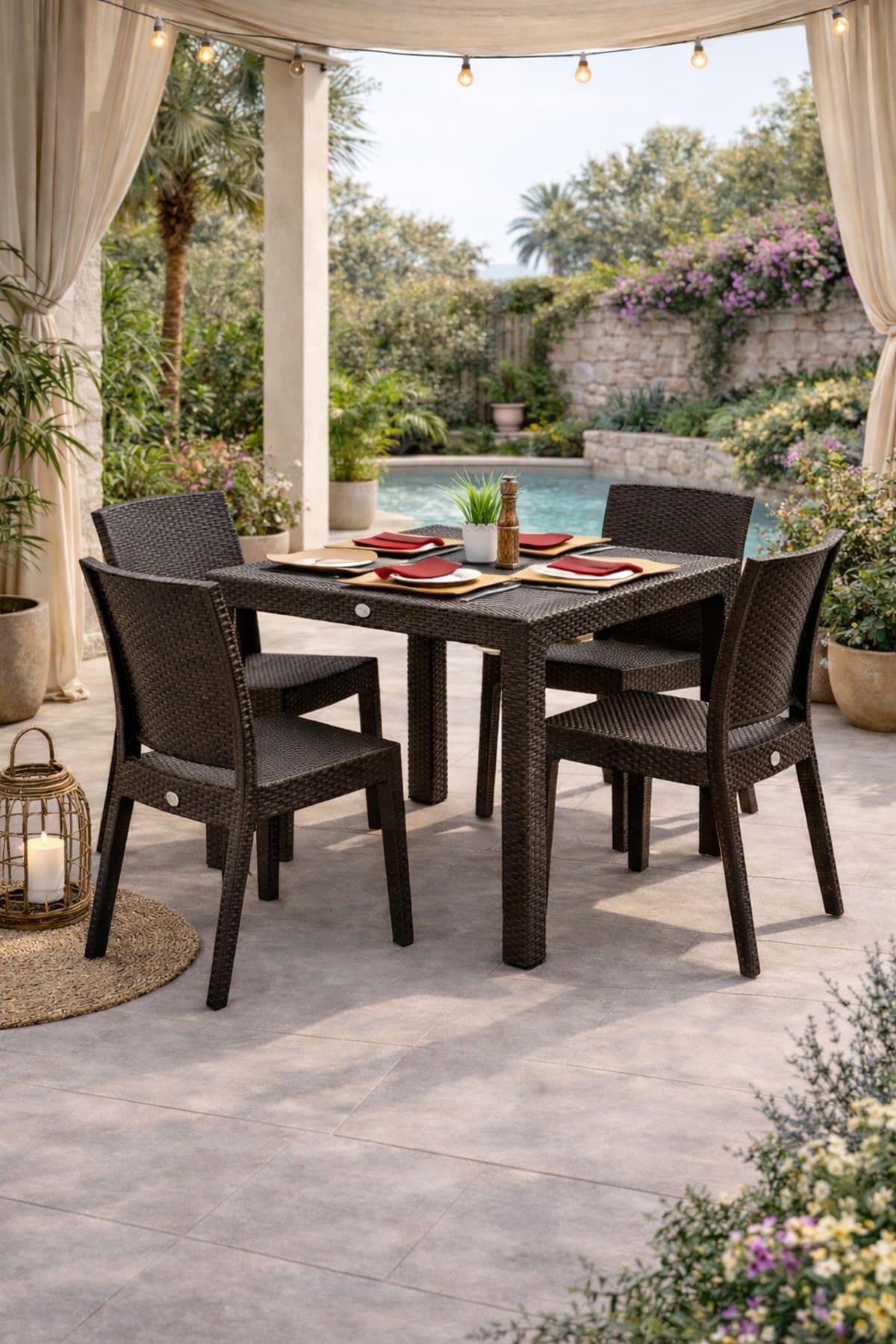 Novussi Rattan Camsız Kare Masa + 4 Adet Nice Rattan Sandalye