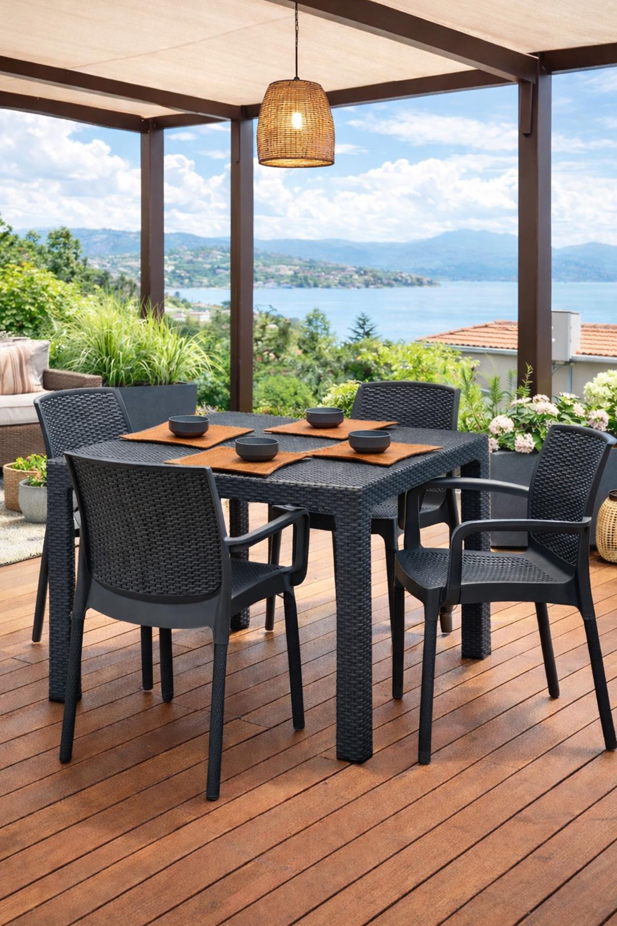 Novussi Rattan Camsız Kare Masa + 4 Adet Sunset Sandalye