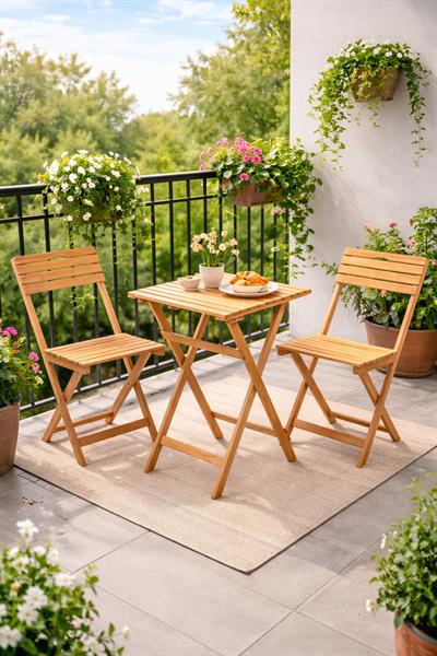 Alezy Kayle Ahşap İkili Bistro Balkon Takımı 2 Sandalye + Sehpalı
