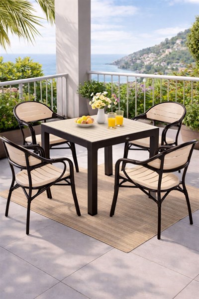 Novussi NST-004 Bamboo Bahçe Masa Takımı 90x90 Camlı Masa + 4 Koltuk