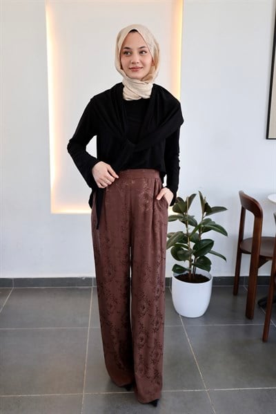 Jakarlı Desenli Pantolon - Kahve