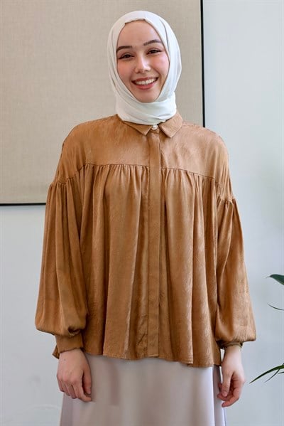Pileli Saten Bluz - Taba