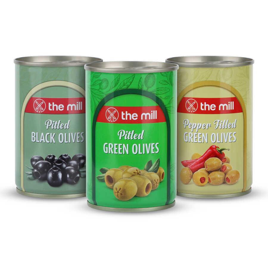 The Mill Biber Dolgulu Yeşil Zeytin & Çekirdeksiz Yeşil Zeytin & Çekirdeksiz Siyah Zeytin Teneke x 3 adet