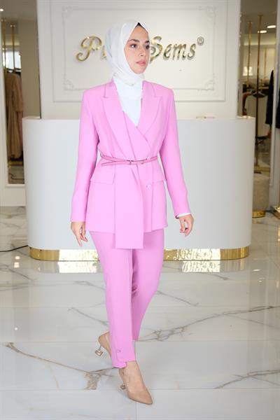 BELDEN KEMERLİ KRUVAZE CEKET PEMBE