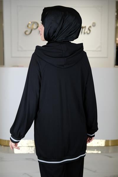 ÇİÇEK BASKILI FERMUARLI CEKET SIYAH