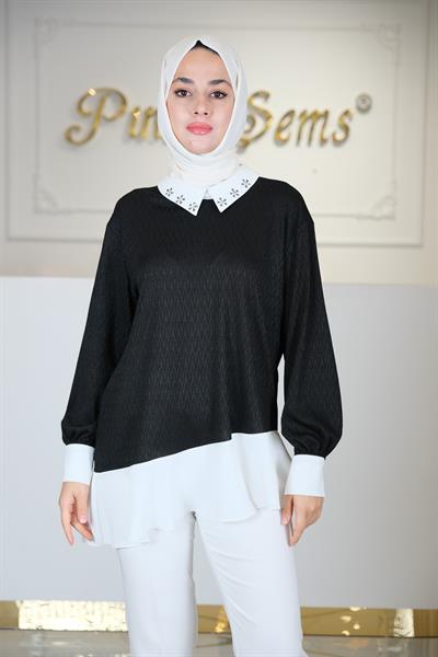 ETEK UCU VOLANLI ERKEK YAKA TUNİK SIYAH