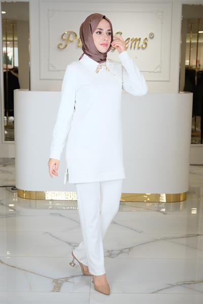 MODA TUNİK PANTLON TAKIM BEJ BEYAZ
