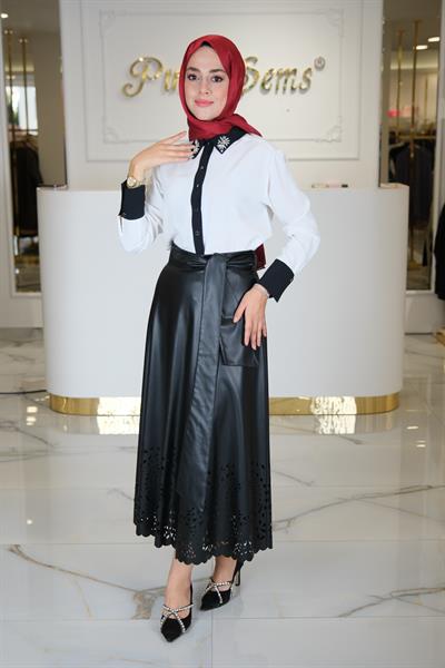 YAKASI TAŞ İŞLEMELİ ENKÜRÜSTELİ GÖMLEK