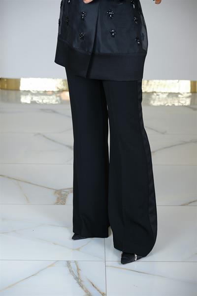 YANLARI ŞERİTLİ GENİŞ PAÇA PANTOLON SİYAH