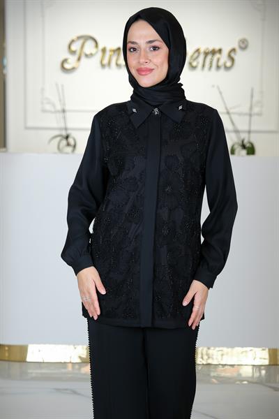 YAPRAK DESENLİ BONCUK DETAYLI TAKMA KOL GÖMLEK SİYAH