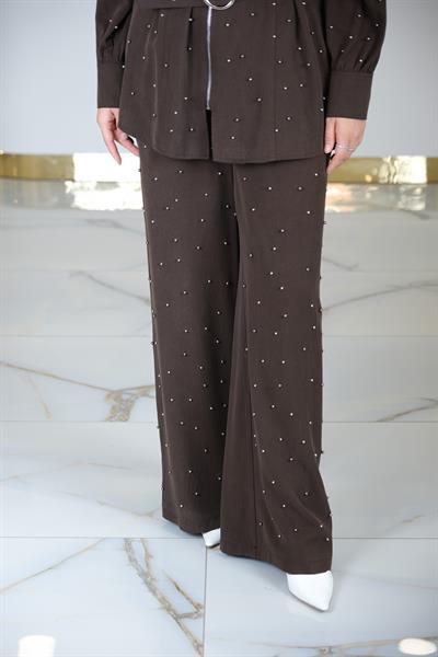 YÜKSEK BEL YANDAN CEPLİ İNCİDETAYLI PLAZZO PANTOLON KAHVE