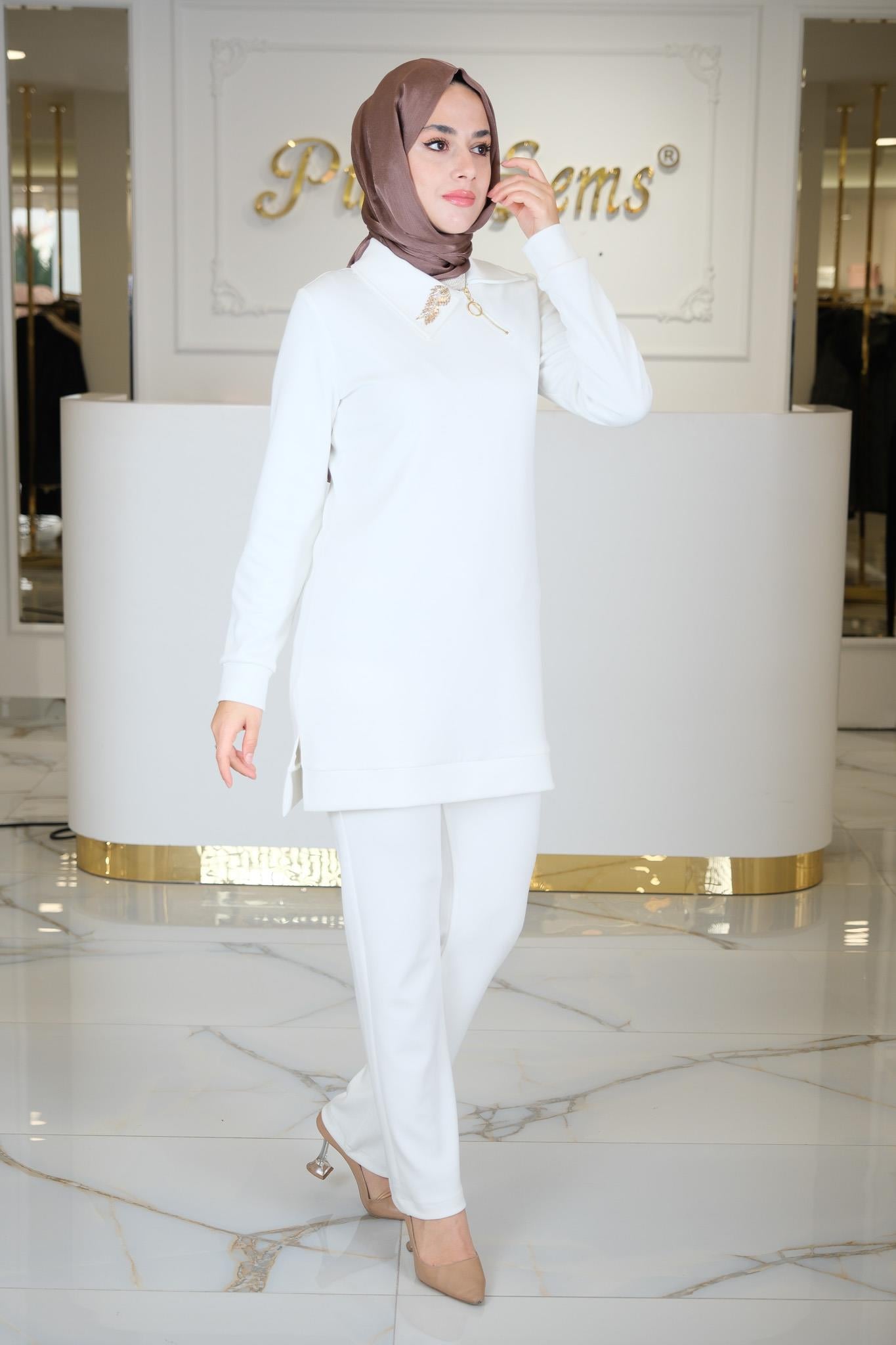 MODA TUNİK PANTLON TAKIM BEJ BEYAZ