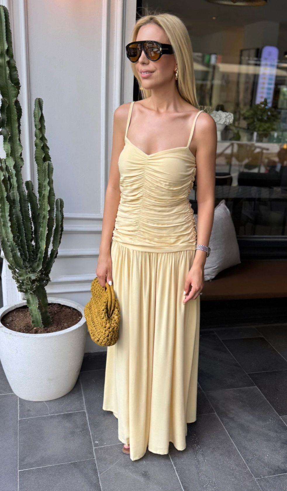 ASKILI DRAPE DETAY MAXİ BOY ELBİSE SARI