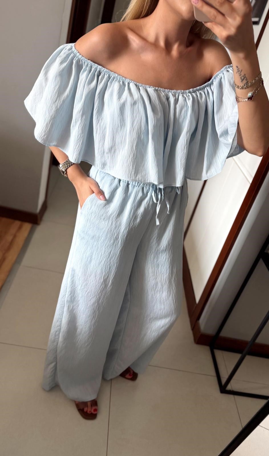 BEBE MAVİ FIRFIR DETAYLI BLUZ PANTOLON TAKIM