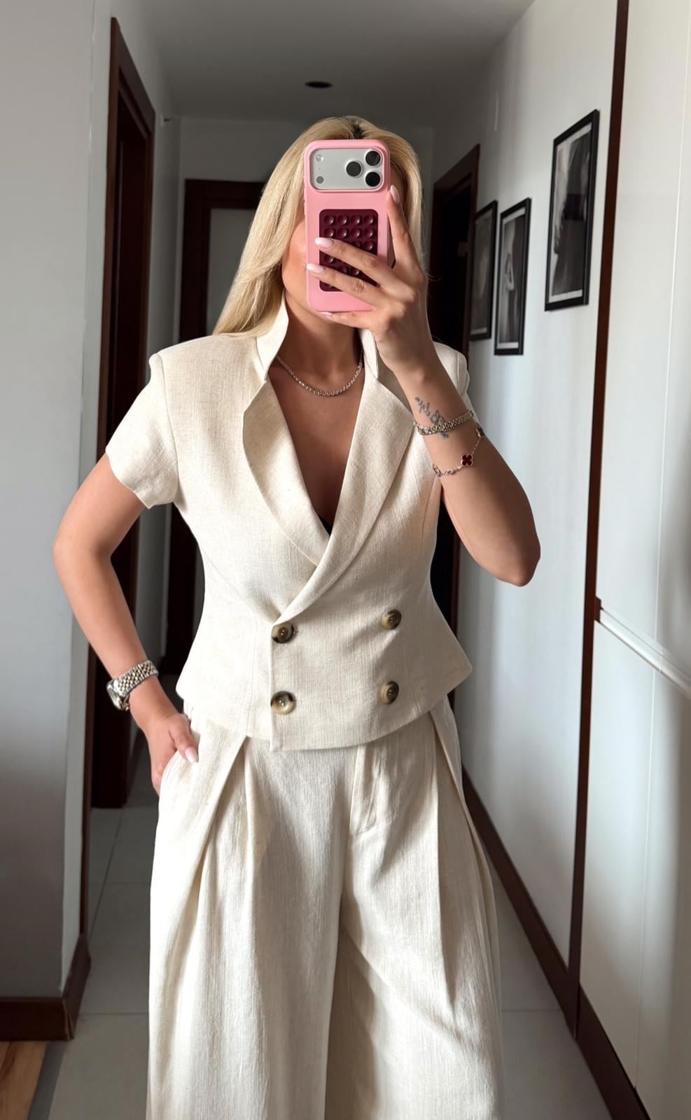 BEJ BELDEN OTURTMALI KETEN BLUZ PANTOLON TAKIM