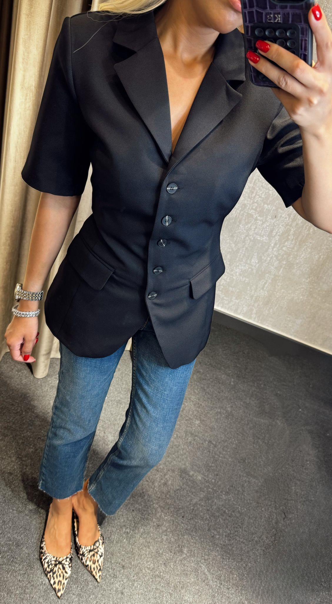 BELDEN OTURTMALI KISA KOLLU BLAZER SİYAH