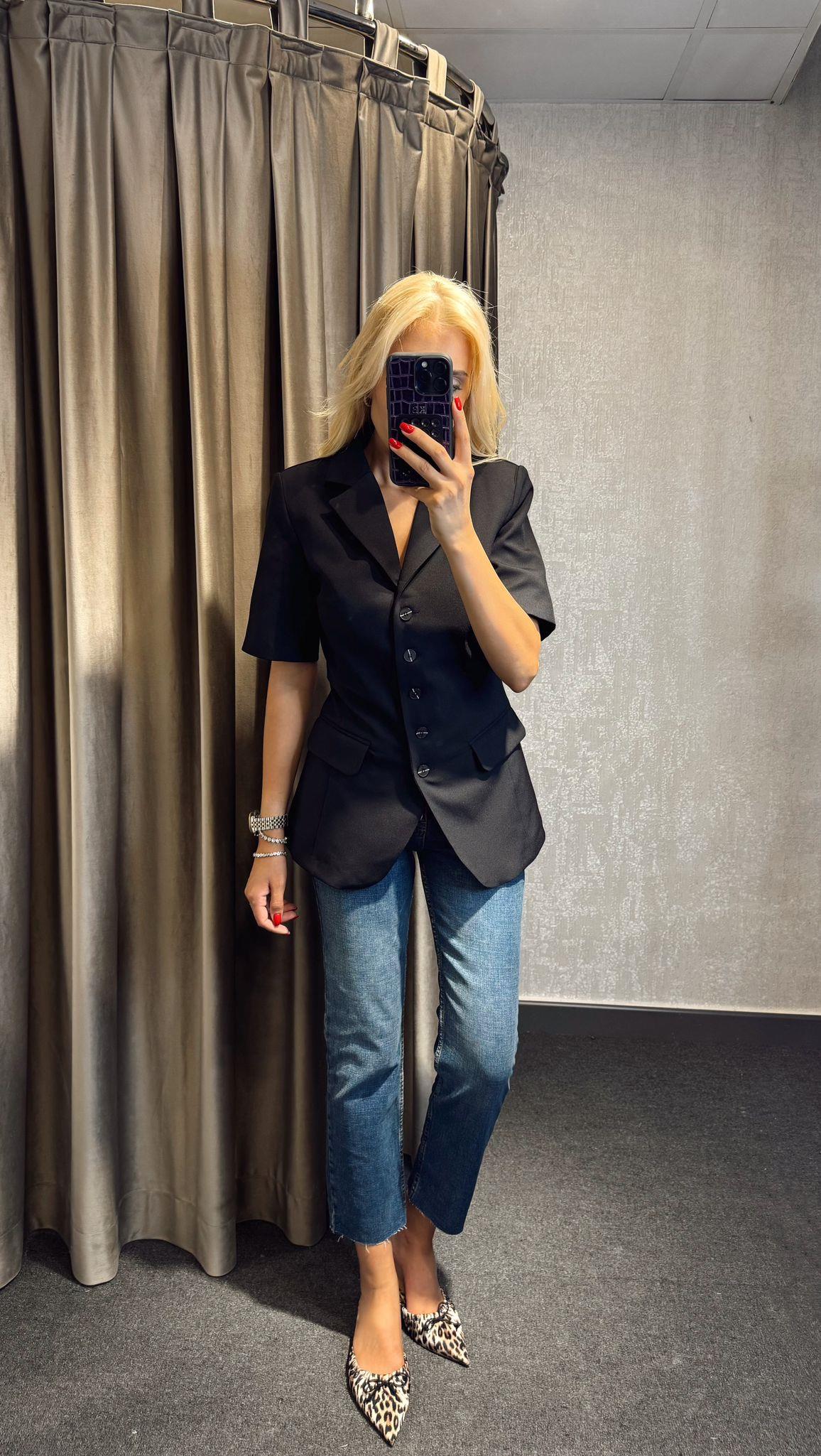 BELDEN OTURTMALI KISA KOLLU BLAZER SİYAH