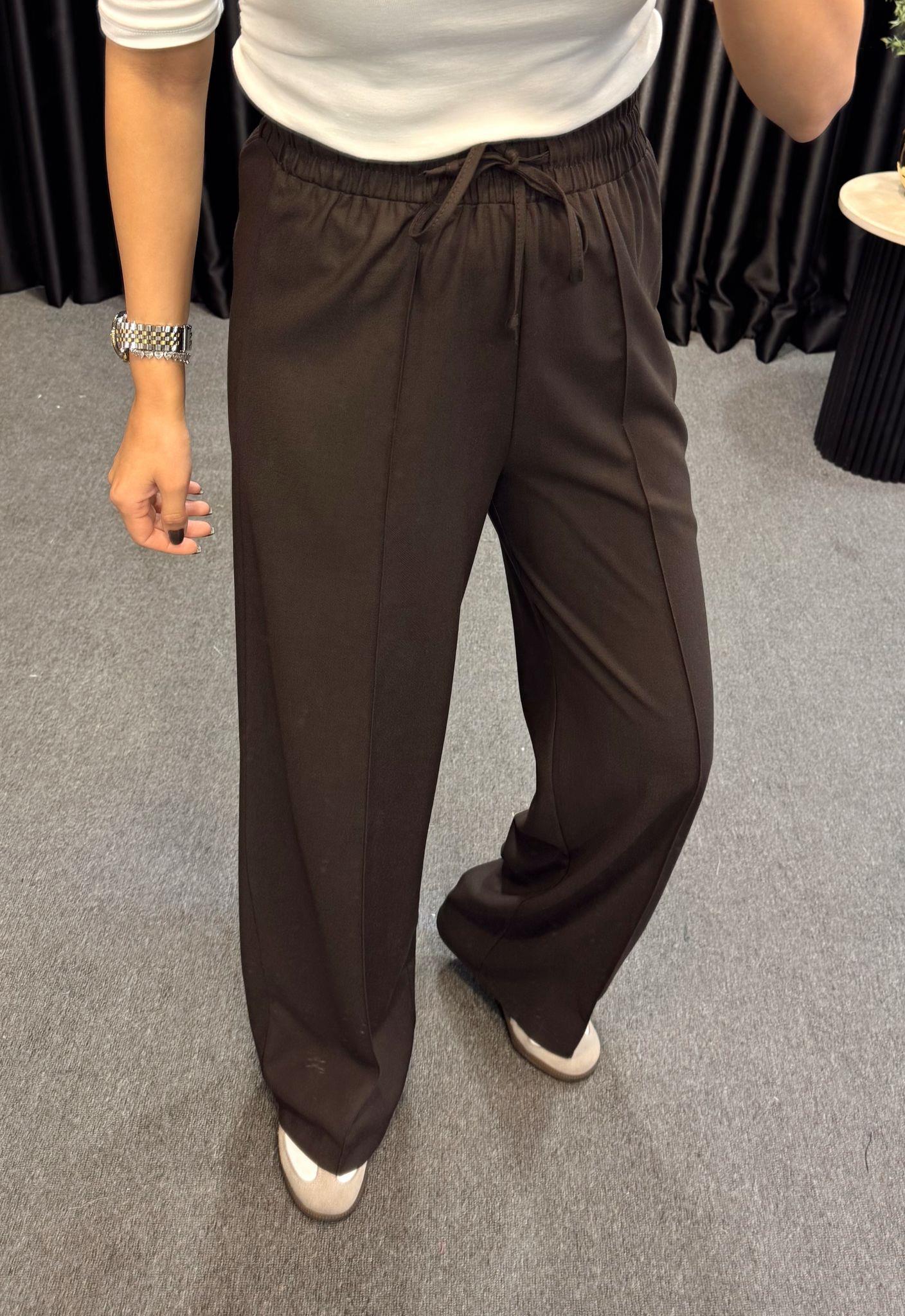 BELİ LASTİKLİ BAĞLAMALI VİSKON PANTOLON KOYU KAHVE