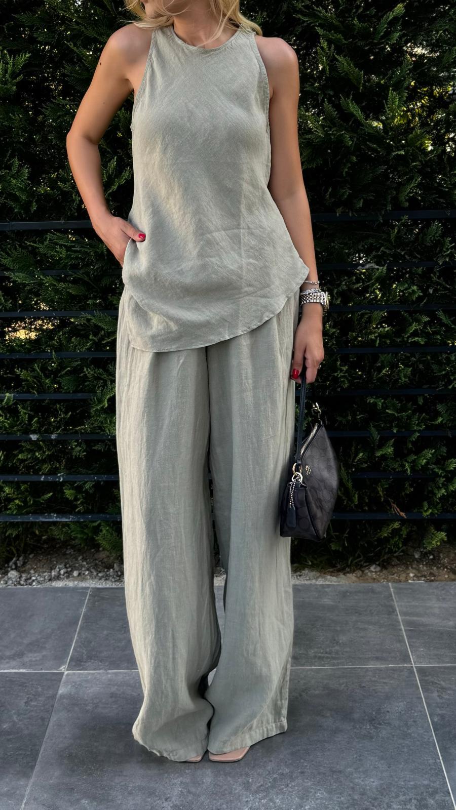 BLUZ PANTOLON KETEN VERA KESİM TAKIM HAKİ