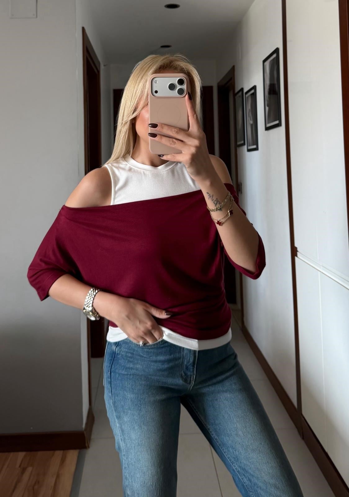 BORDO KAYIK YAKA ÇIKARILABİLİR BLUZ ATLET TSHİRT TAKIM