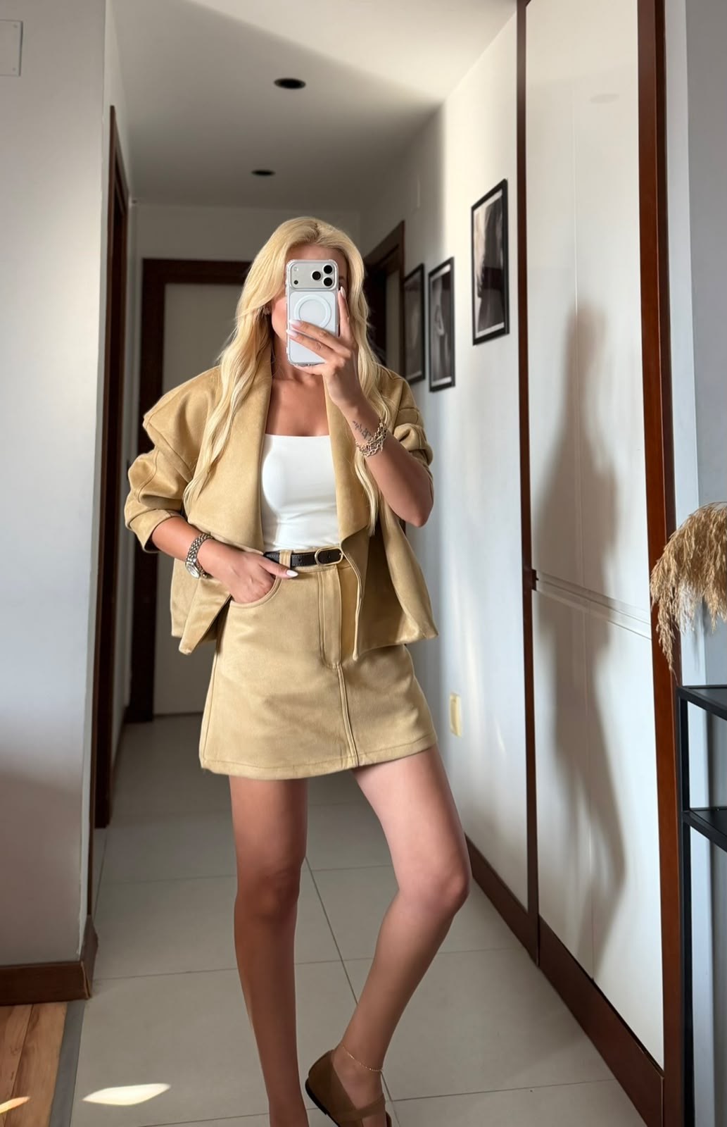 CAMEL SUET KEMER DETAYLI MİNİ ETEK