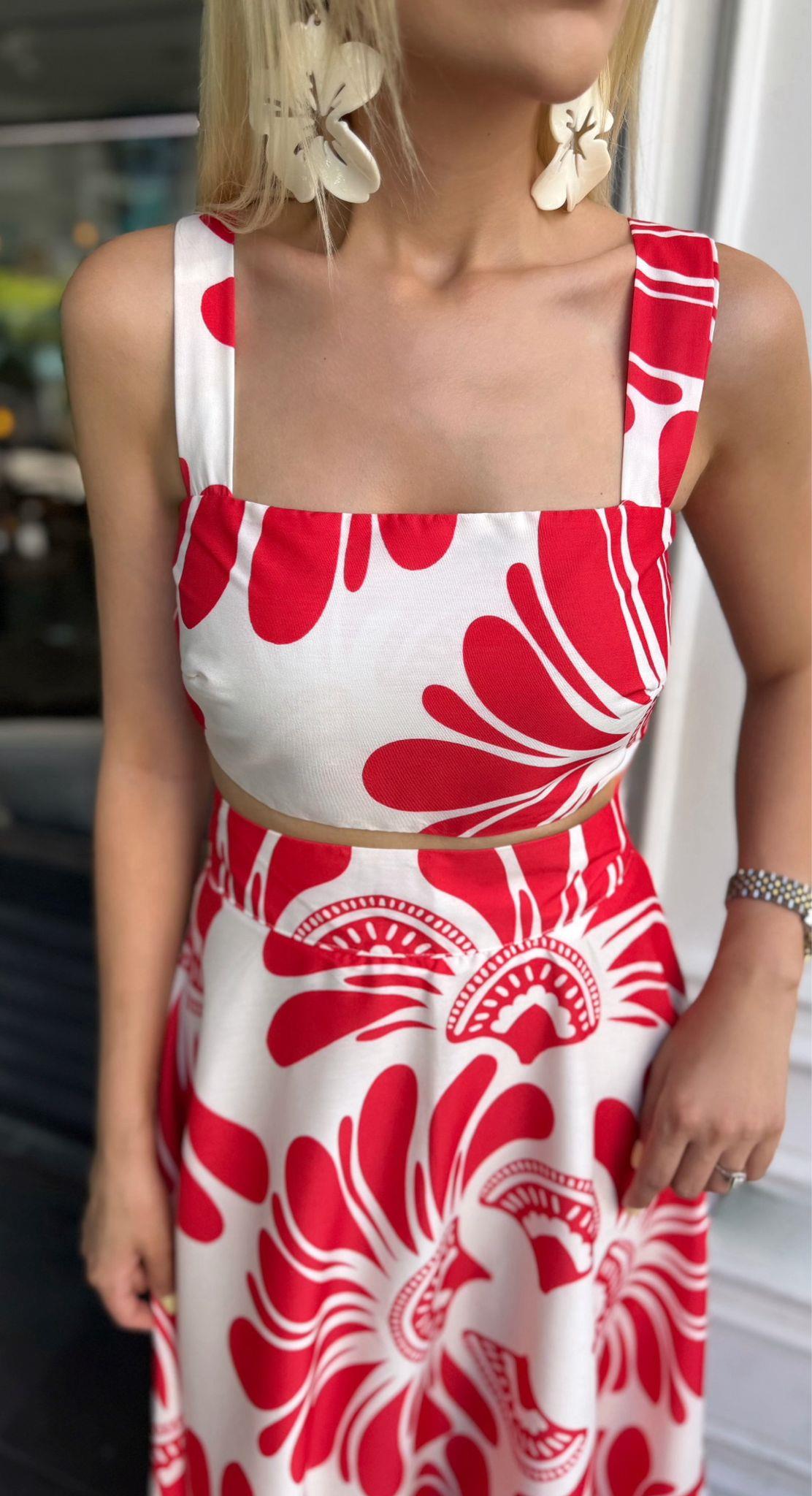 DESENLİ CROP BLUZ ETEK TAKIM KIRMIZI