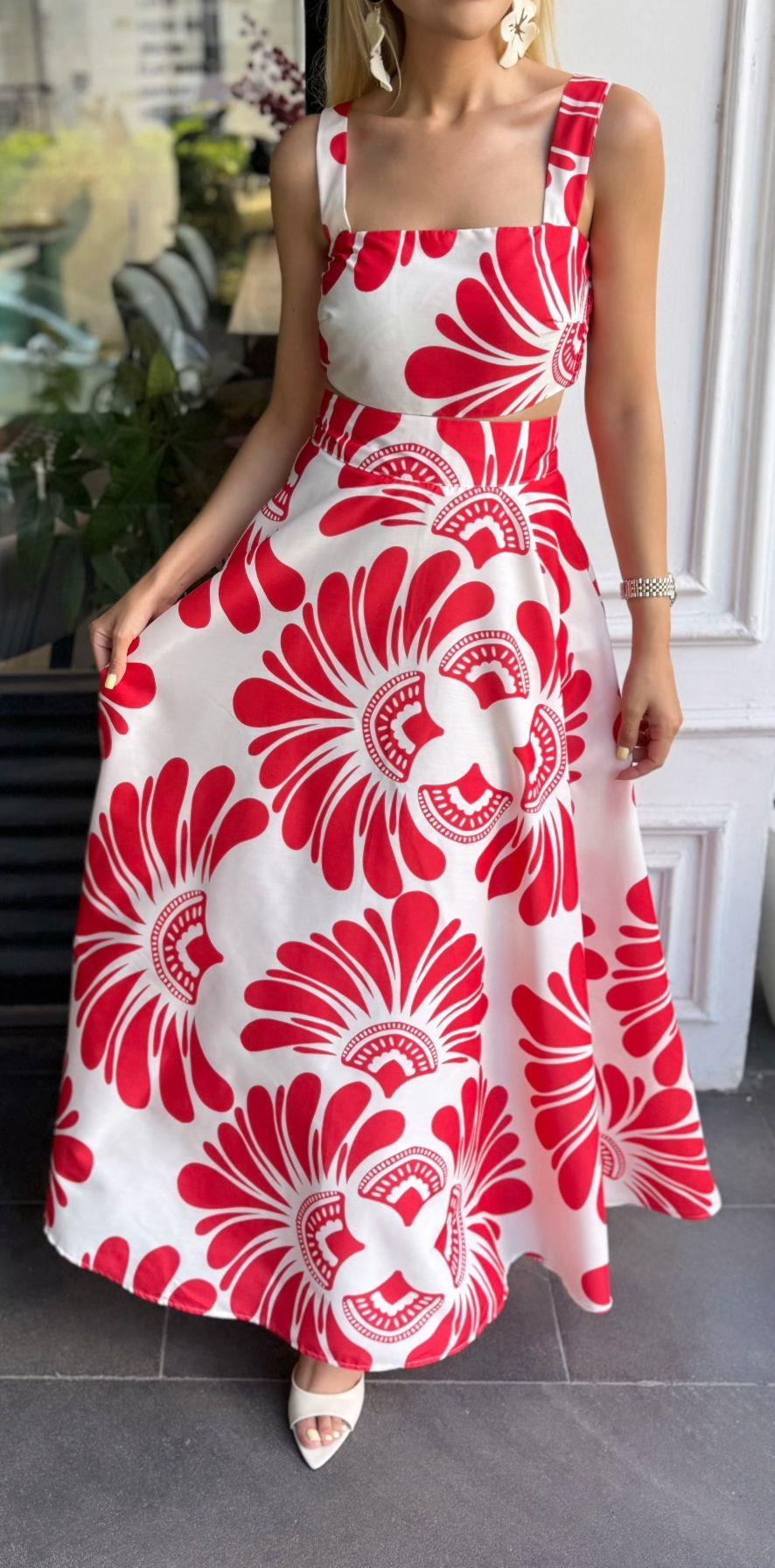 DESENLİ CROP BLUZ ETEK TAKIM KIRMIZI