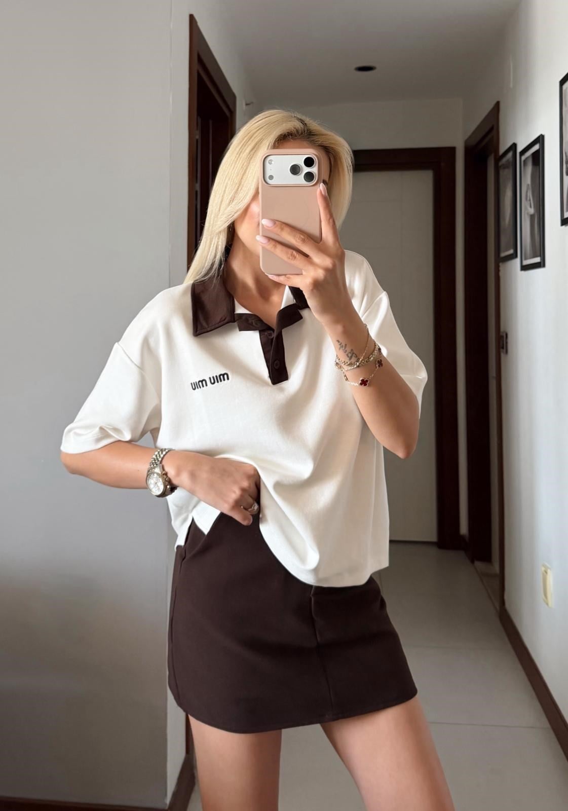 EKRU POLO YAKA GARNİLİ KISA KOL TSHİRT