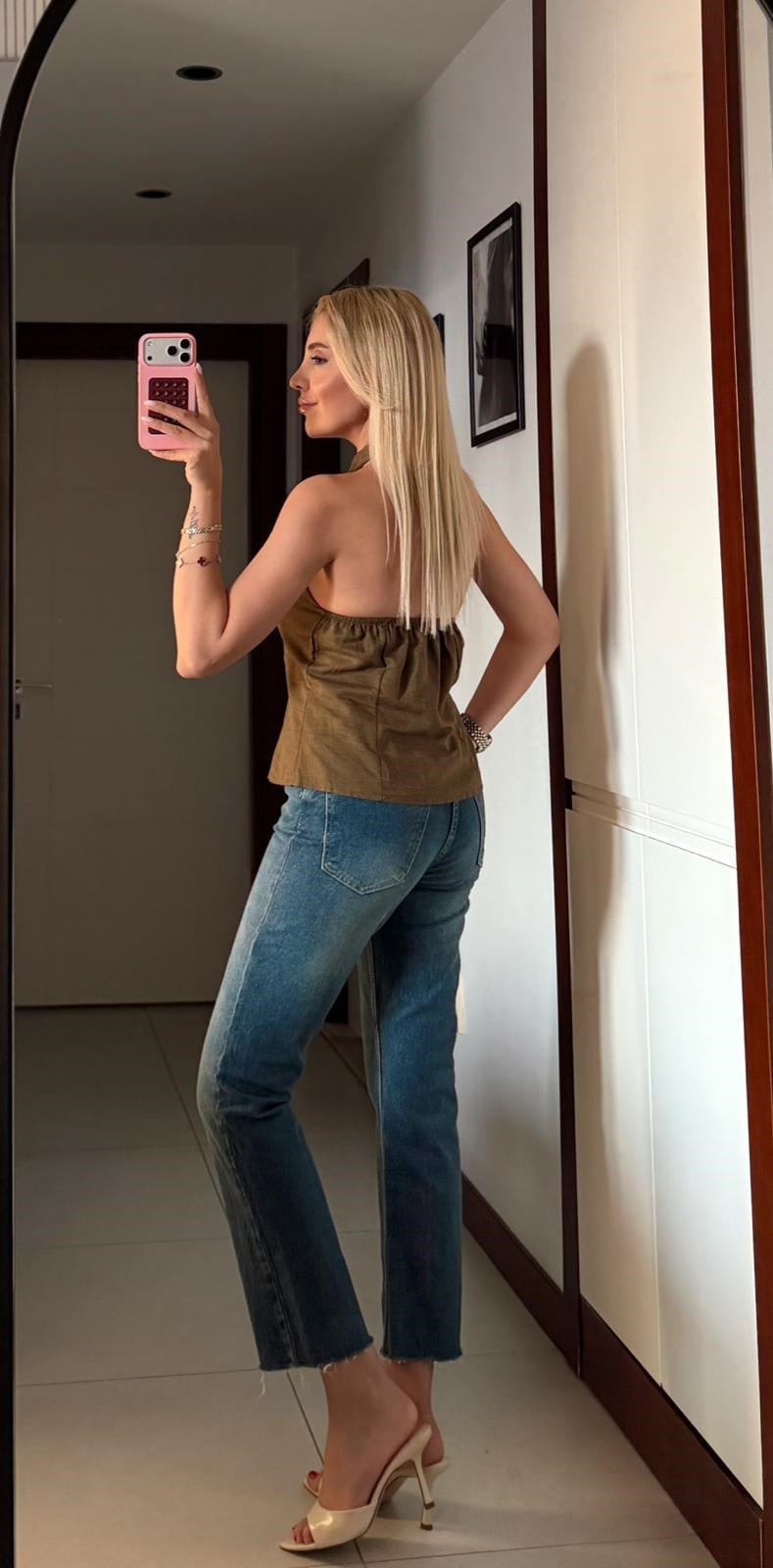 HAKİ KETEN HALTER DÜĞMELİ BLUZ