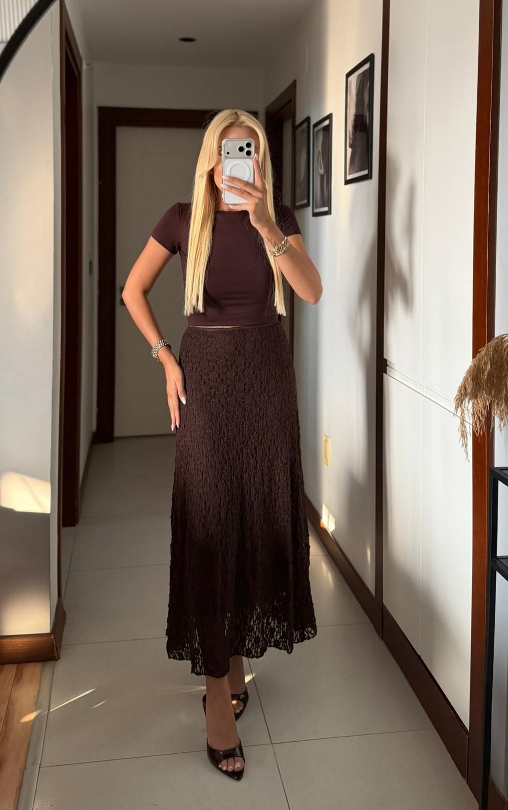 KAHVE DANTEL DETAYLI YÜKSEK BEL MİDİ ETEK