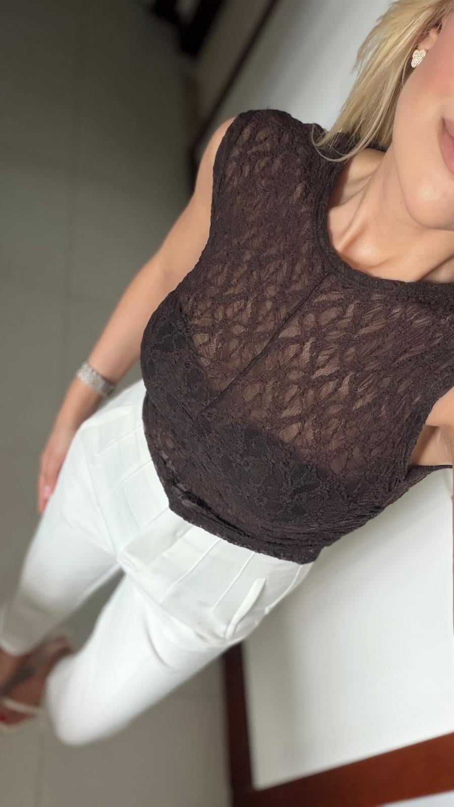 KAHVE DİLVİN BÜZGÜLÜ DANTEL TOP