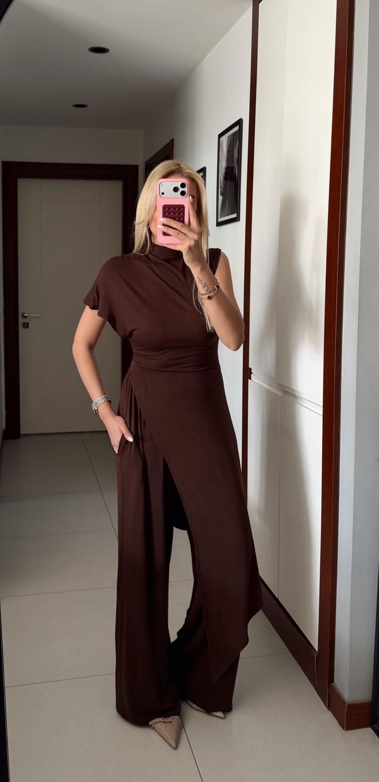 KAHVE KAŞMİR DOKULU ASİMETRİK İKİLİ TAKIM