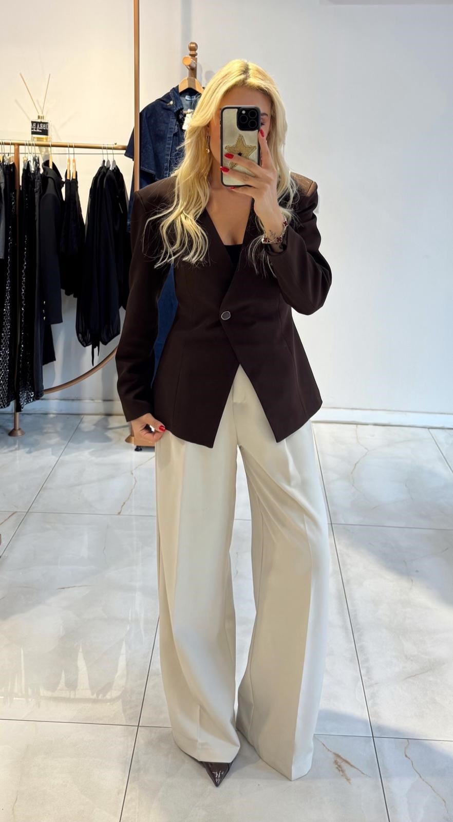 KAHVE KRUVAZE YAKA TEK DÜĞMELİ BLAZER CEKET