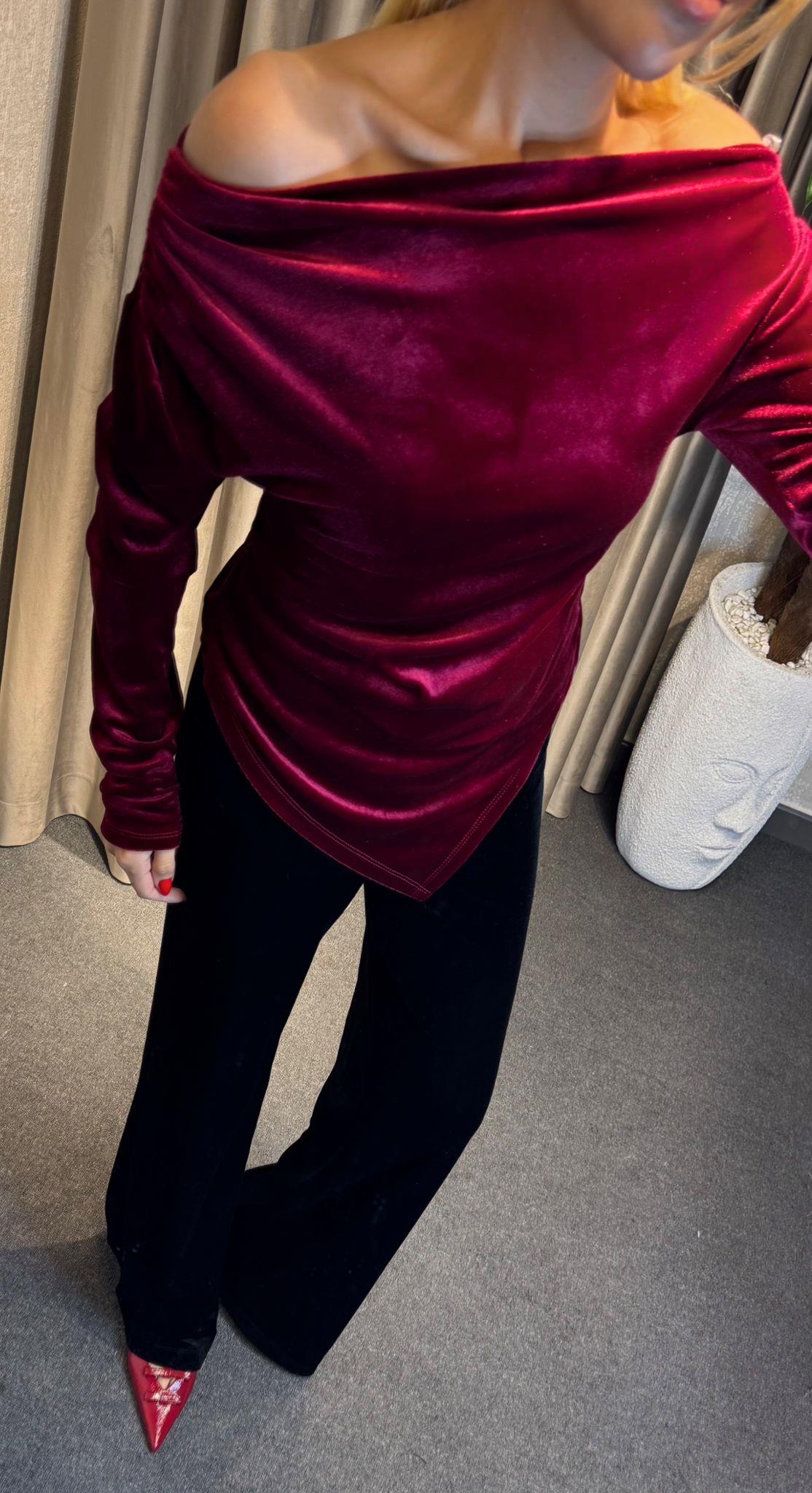KAYIK YAKA KADİFE BLUZ BORDO