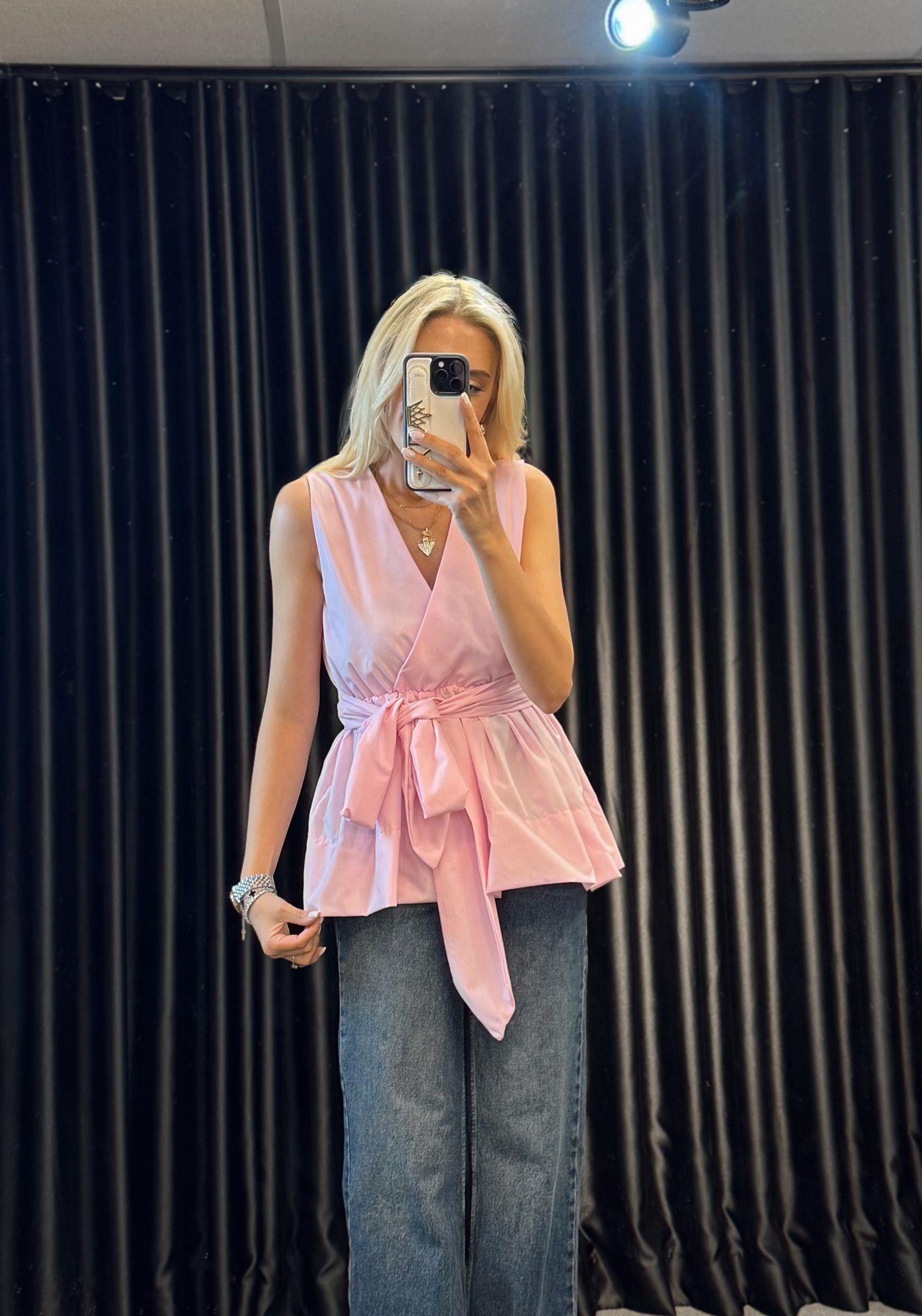KUŞAKLI ANVELOP YAKA BLUZ PEMBE