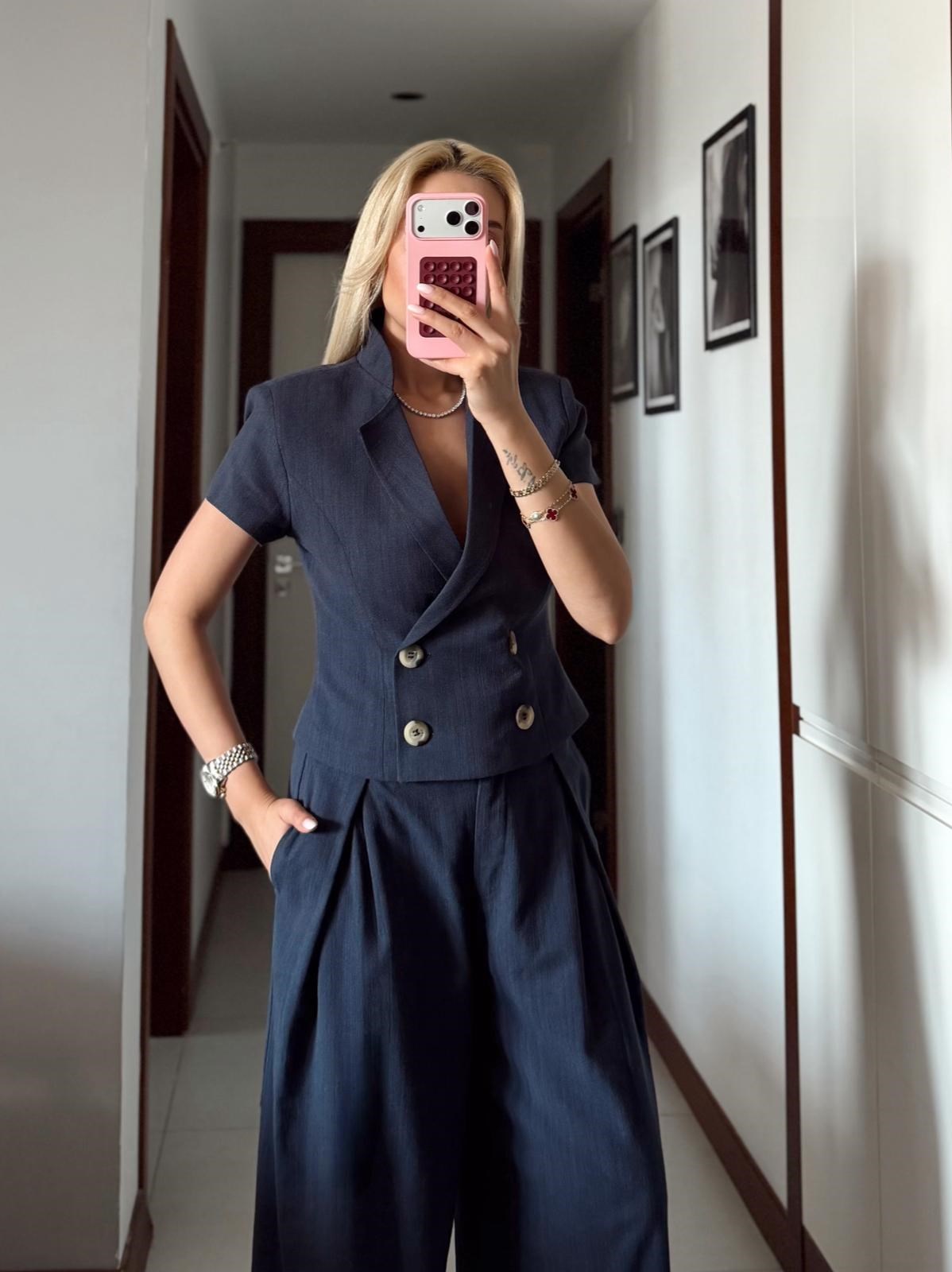 LACİVERT BELDEN OTURTMALI KETEN BLUZ PANTOLON TAKIM