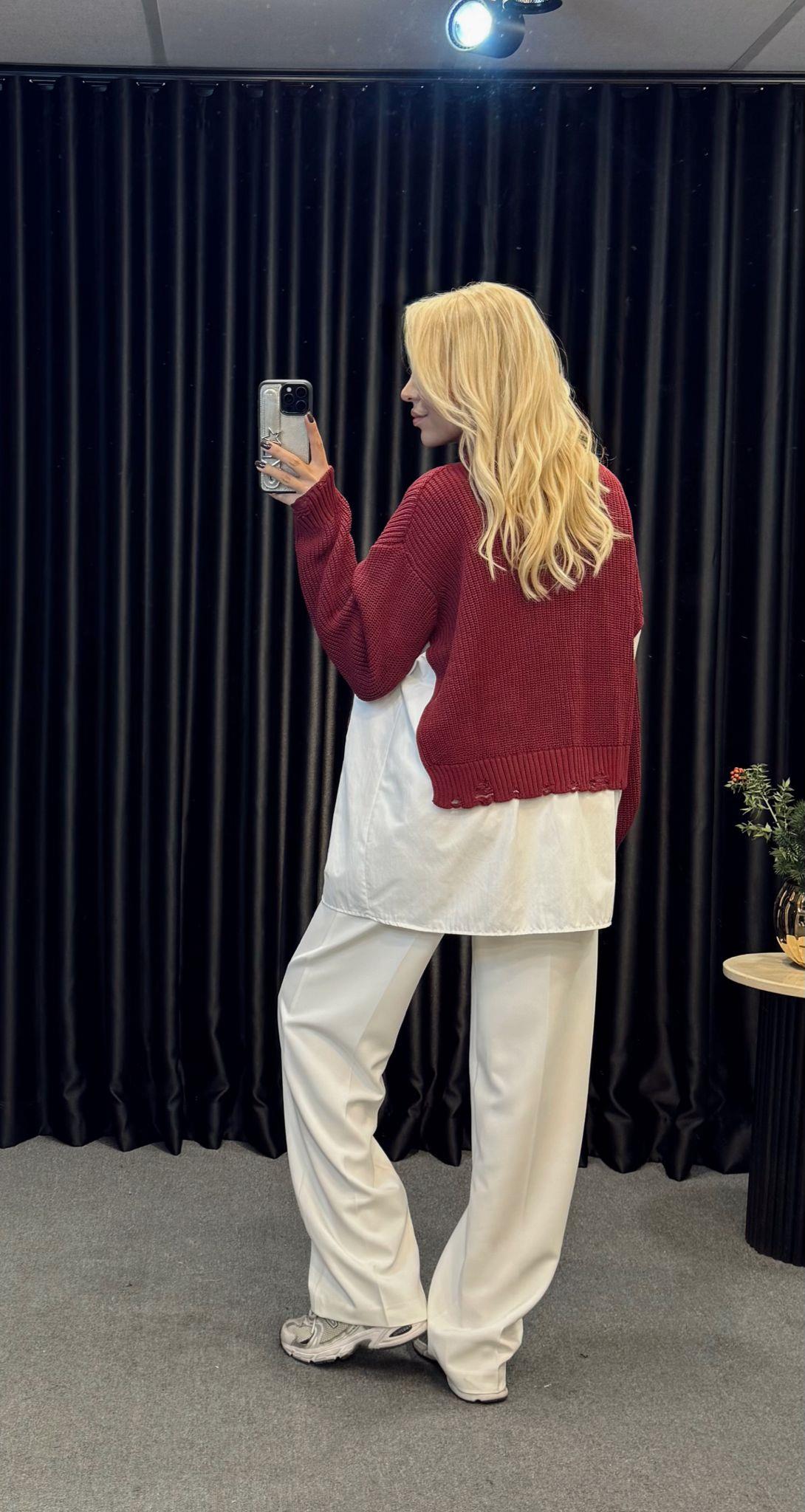 MARKA MODEL TRİKO DETAYLI GÖMLEK HIRKA BORDO