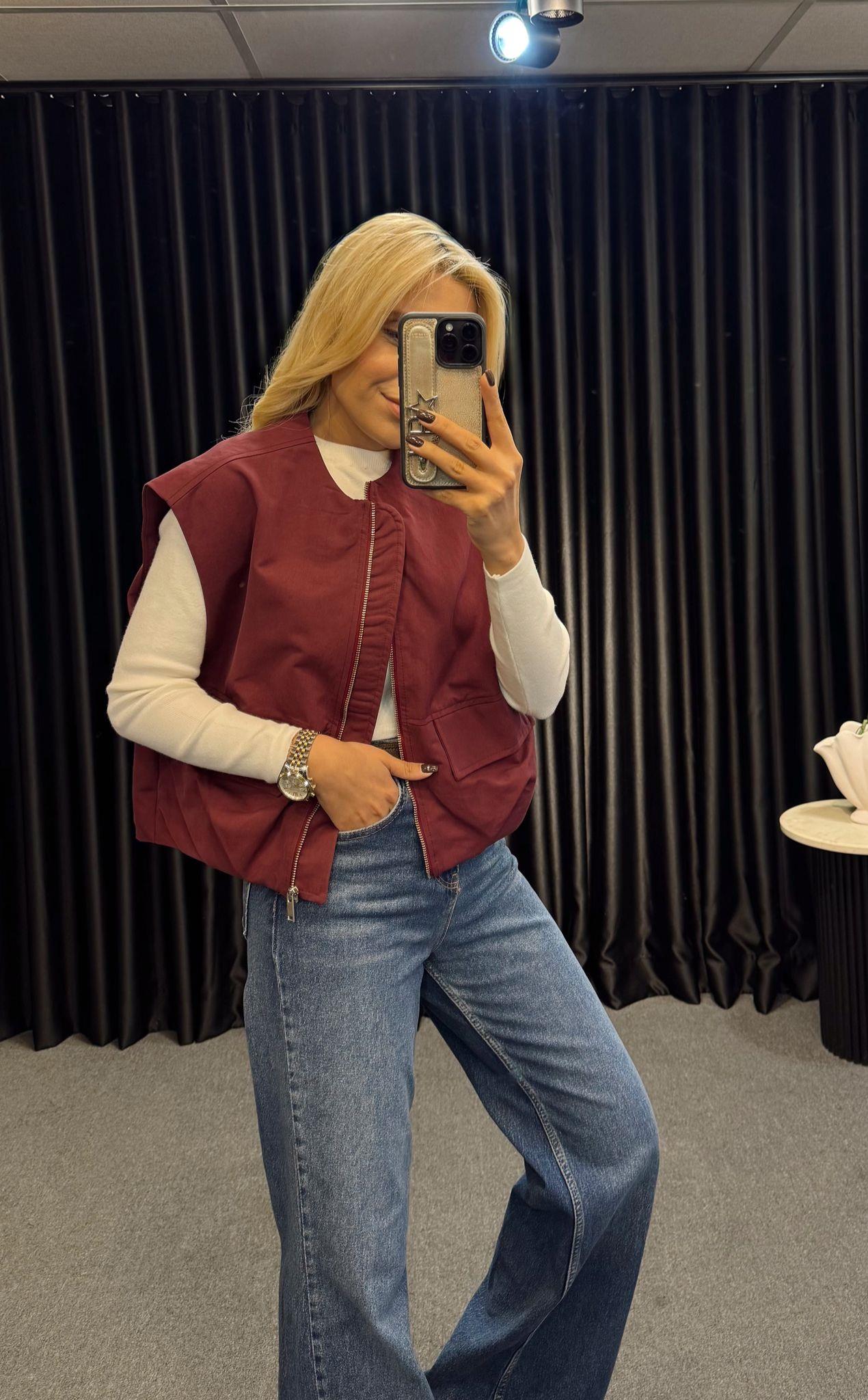 MUADİL CEPLİ FERMUARLI BOMBER YELEK BORDO