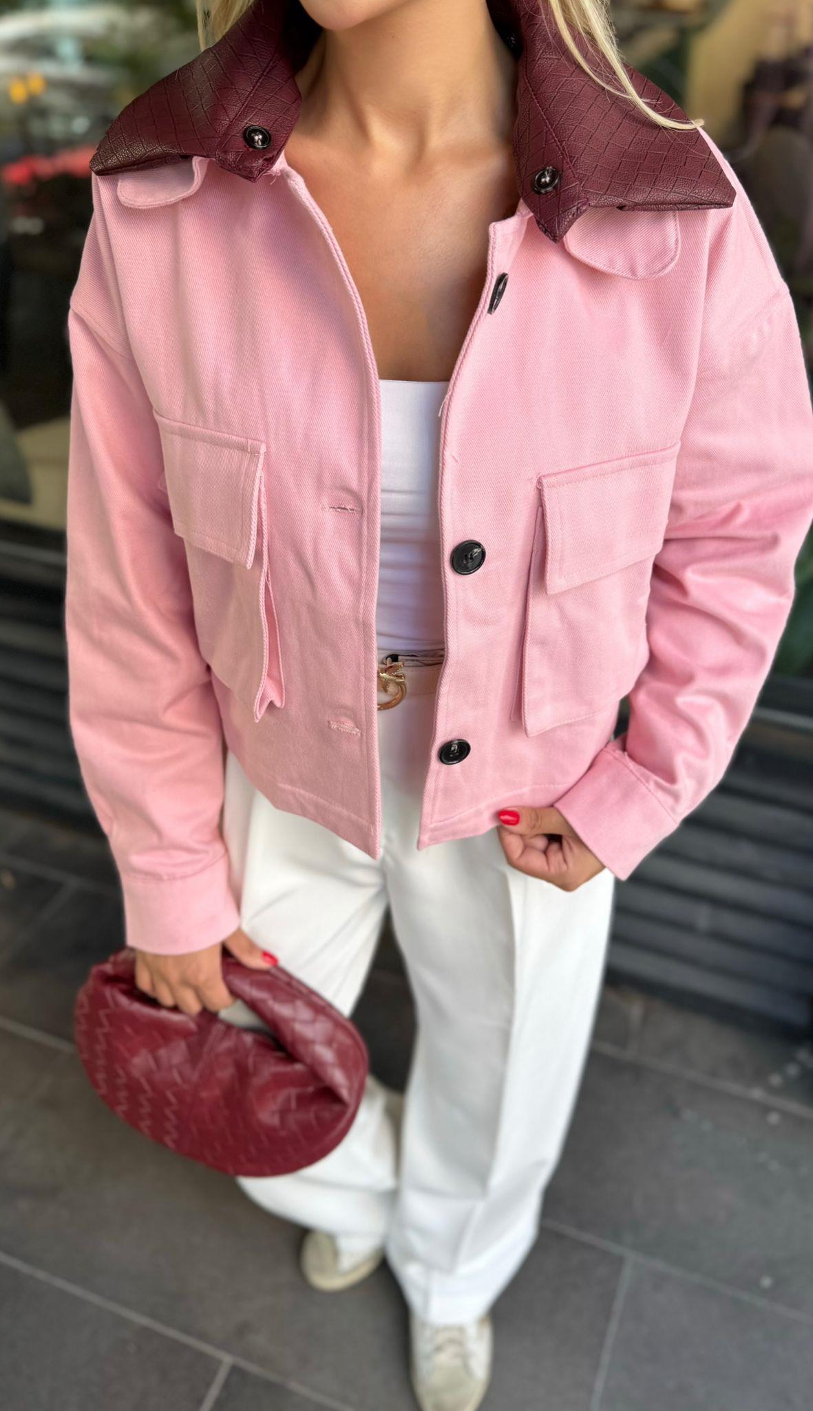 ORJ MODEL BORDO DERİ YAKA PEMBE CEKET