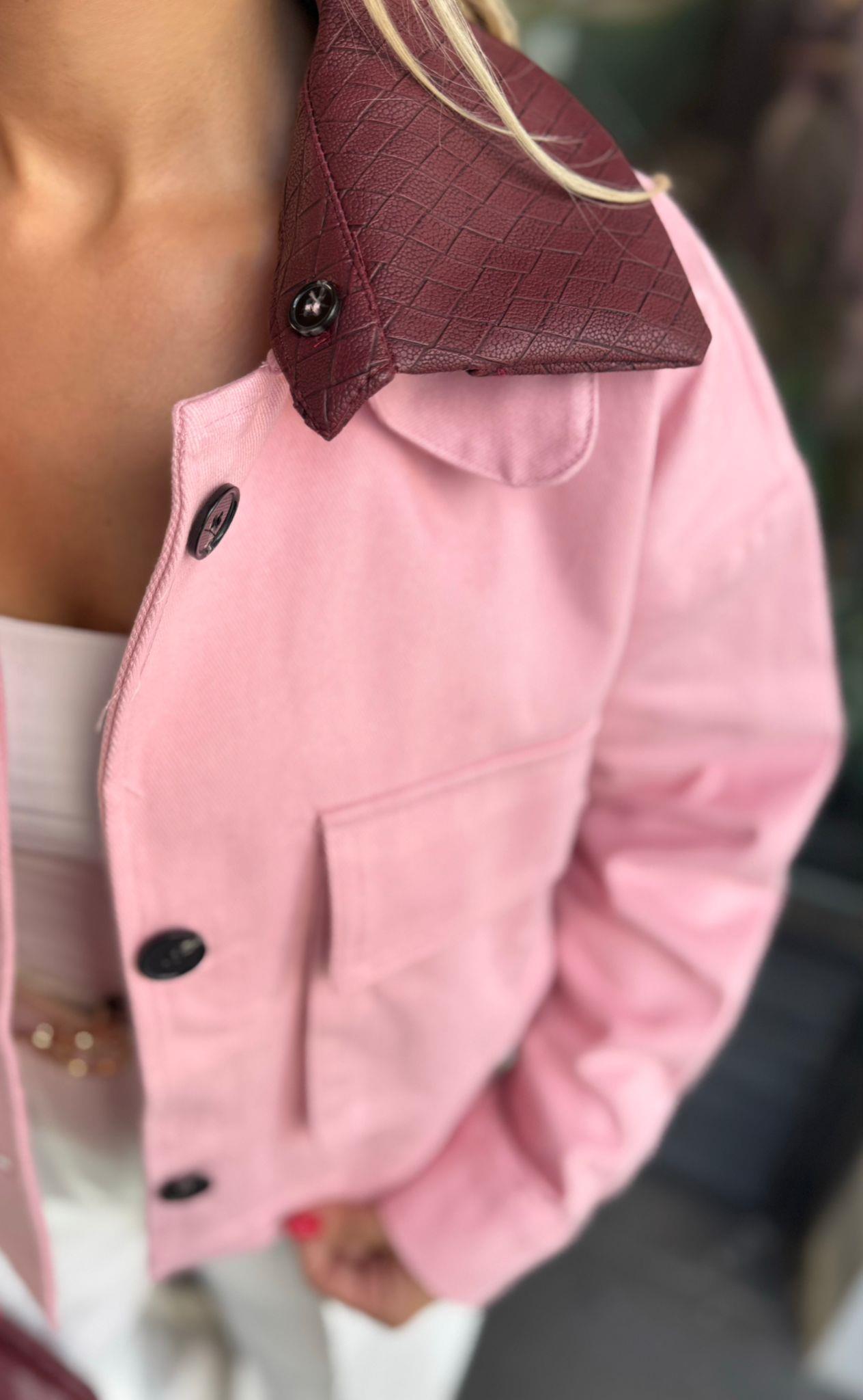 ORJ MODEL BORDO DERİ YAKA PEMBE CEKET