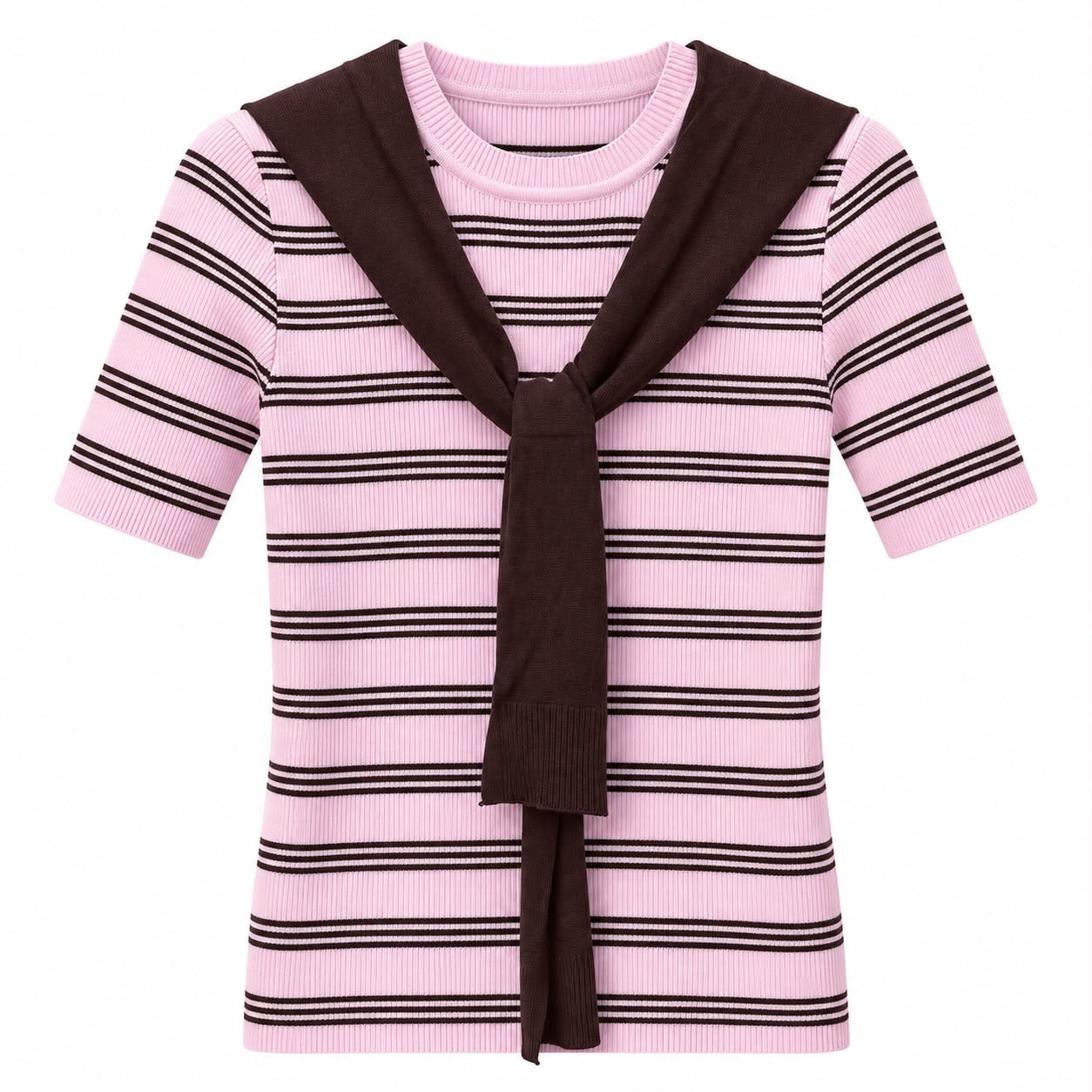 PEMBE, BORDO FULARLI ÇİZGİLİ BİSİKLET YAKA TRİKO
