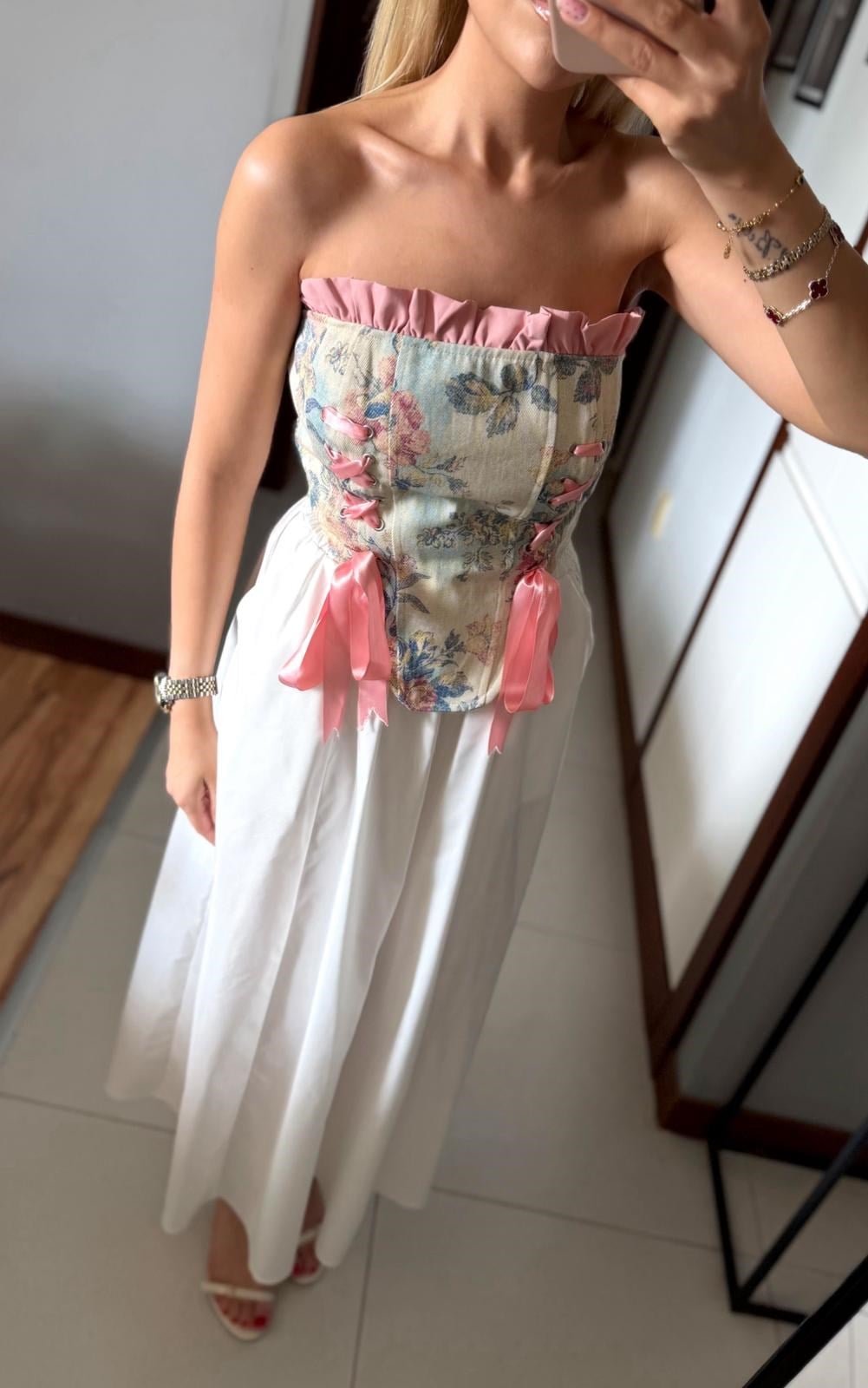 PEMBE ÇİÇEK DESEN KURDELA DETAYLI KORSE BÜSTİYER