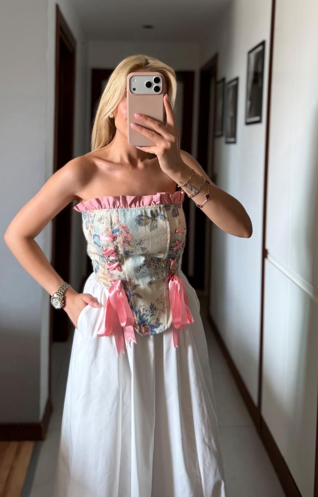 PEMBE ÇİÇEK DESEN KURDELA DETAYLI KORSE BÜSTİYER