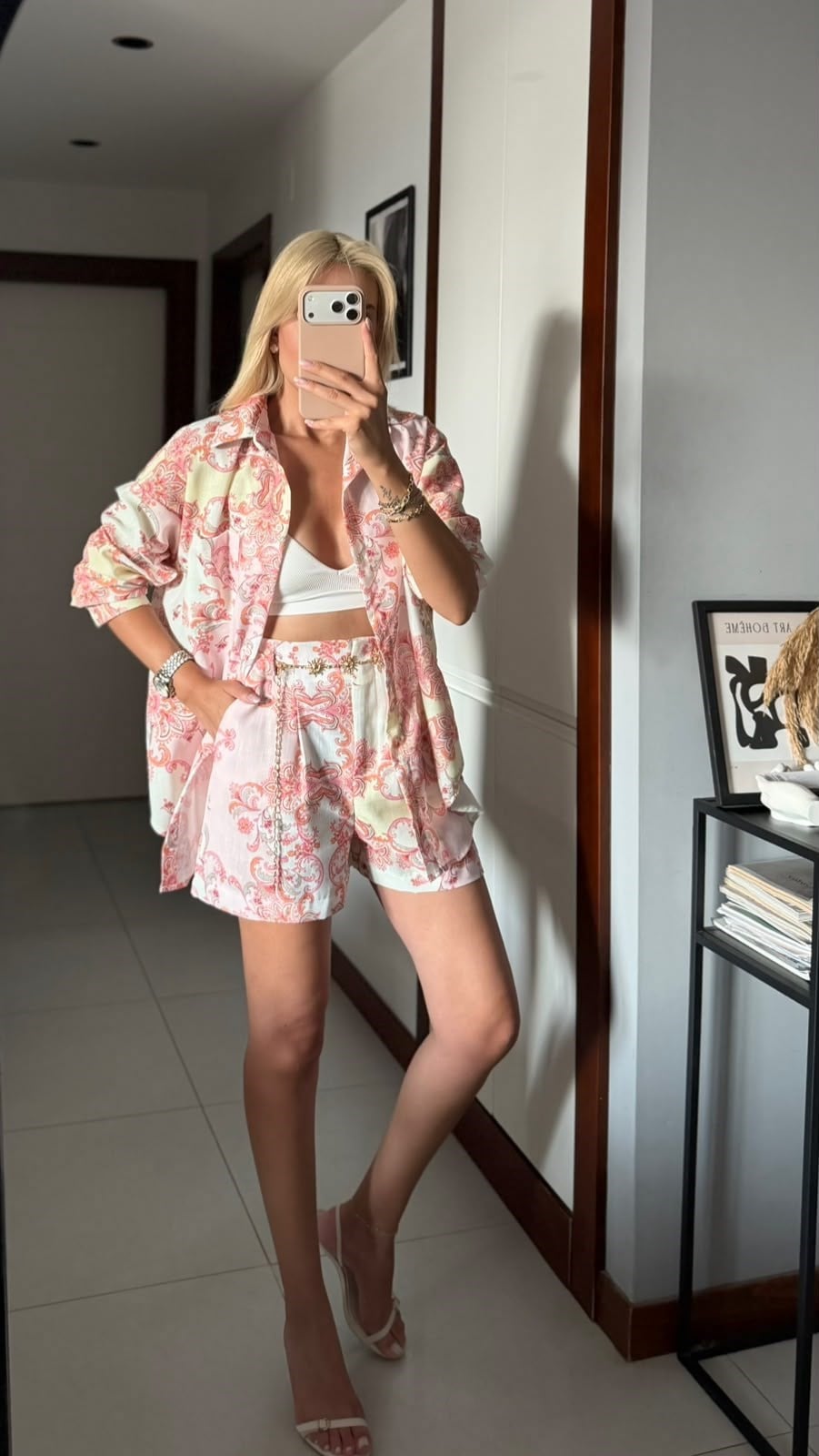 PEMBE DESENLİ KEMERLİ GÖMLEK ŞORT TAKIM