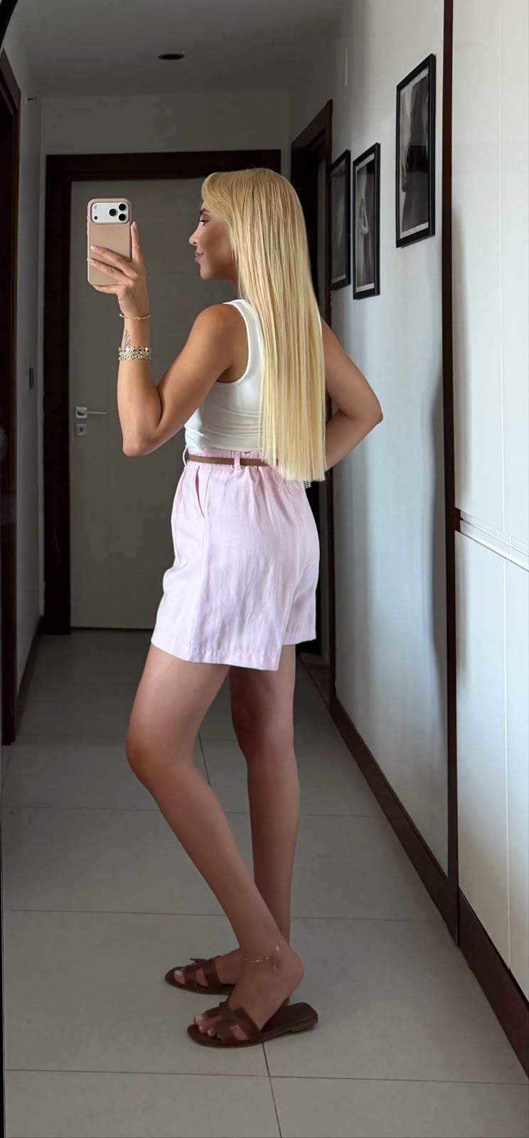 PEMBE MASSİ BELİ LASTİKLİ KEMERLİ TENSEL ŞORT