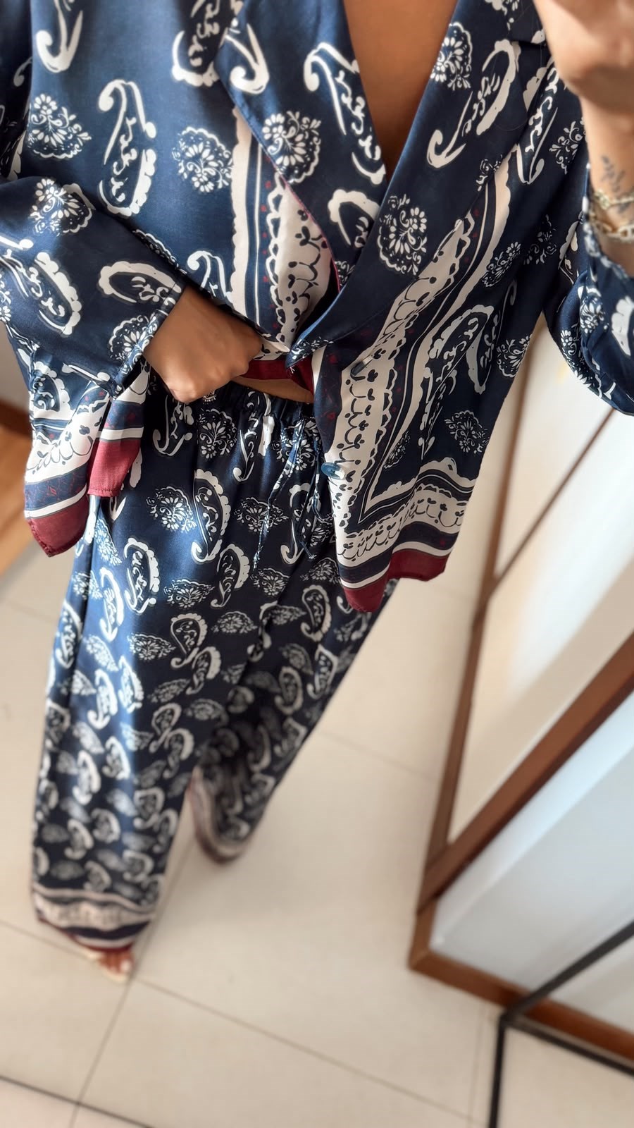 RONA ŞAL DESEN LACİVERT KRUVAZE CEKET PANTOLON TAKIM